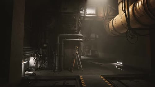 Exploring the Dark Concrete Interior of an Industrial Building with Pipes