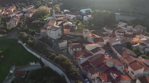 Aerial view of buildings and church, Italy.