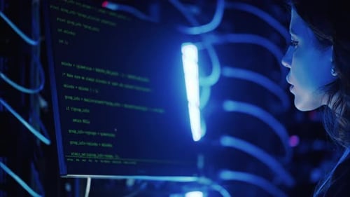 Woman Coding at Computer Terminal in Dark Room