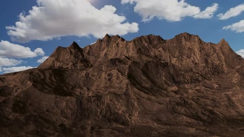 Animation en rendu 3D d'un survol de rochers avec un désert de sable