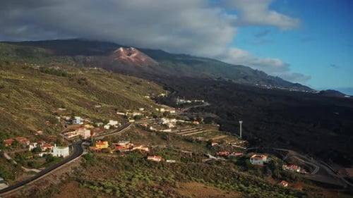 Aerial drone shot over the erupted volcano of Tajogaite in La Palma Island, Canary Islands, Spain. H