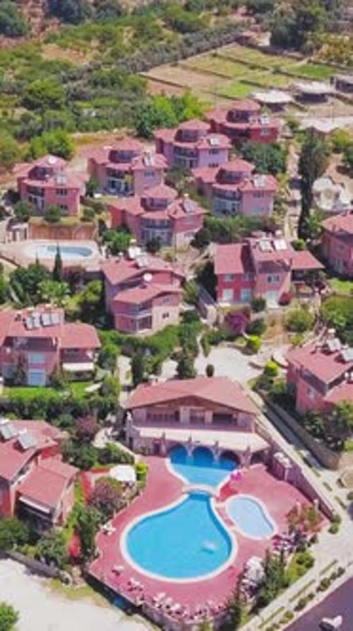 Top View of Resort Cottages and Swimming Pool Clip Remote Recreation Center in Southern Town Summer