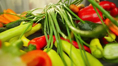 Green Onions Fall on Vegetables Adding Piquancy Aroma and Taste to Dishes