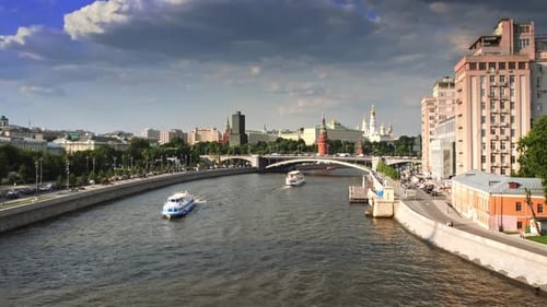 Beautiful View of the Moscow River and the Kremlin in the Distance Against a Cloudy Sky