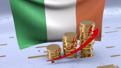 Ireland Flag With Gold Coins Tower And Up Arrow