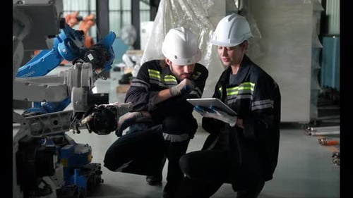 Female technician programs a robot arm with a digital tablet and assembly robot in a factory.