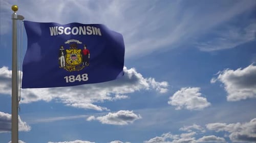 Wisconsin State Flag Waving in Realistic Blue Sky