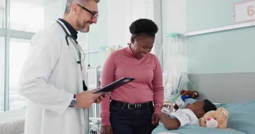 Pediatrician, love and mother kiss child in hospital bed at check or healthcare consultation
