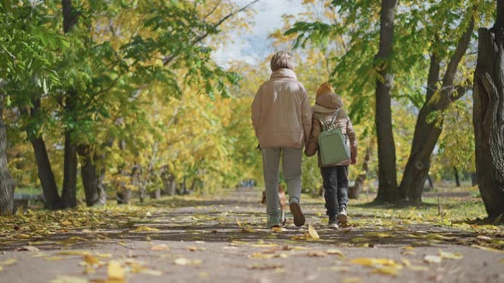Rear View of Child Walking with Mum and Dog on Autumn Forest Path ...