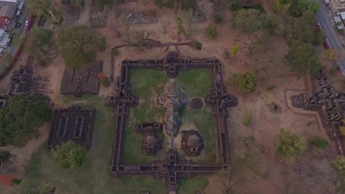 Drone shot ancient temple ruins in Southeast Asia