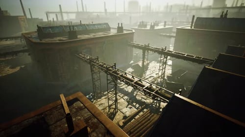 Abandoned Old Building with Rusty Iron Constructions