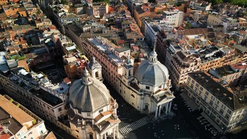 Beautiful Aerial View of Two Twin Churches in Piazza del Popolo. Rome, Italy