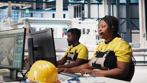 Factory Workers Speaking into Headsets Typing on Computers