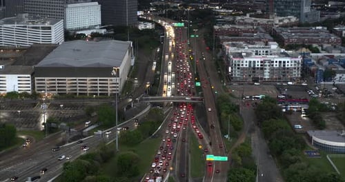 Birds eye view of cars on I-45 freeway in Houston, Texas