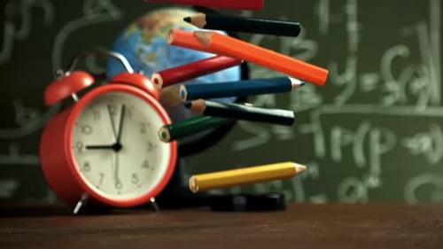 Pencils Fall on the School Desk Filmed on a Highspeed Camera at 1000 Fps