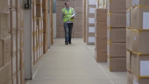 Ein Lagerverwalter führt eine Bestandsaufnahme durch. Er kreuzt die Kästchen an, während er Notizen zu einem Clip b schreibt