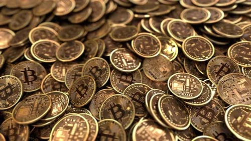 Golden Bitcoin Coins Pile with Reflective Light