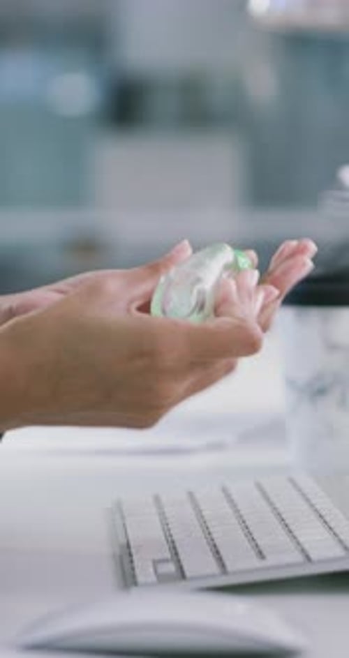 Business, cleaning and hand sanitizer with woman in office for disinfection