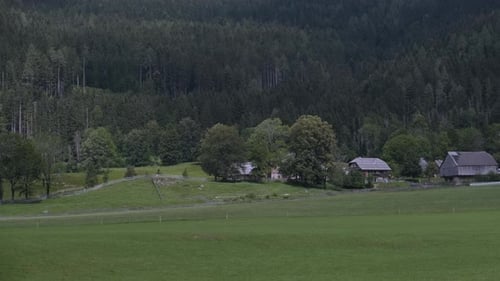 Traditional wooden rustic farmhouses in the Slovenian Alps with surrounding meadows, Zgornje Jezersk