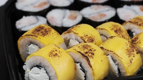Sushi Rolls Rotating in Plastic Box