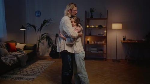 Loving Couple Embrace in Cozy Home Interior