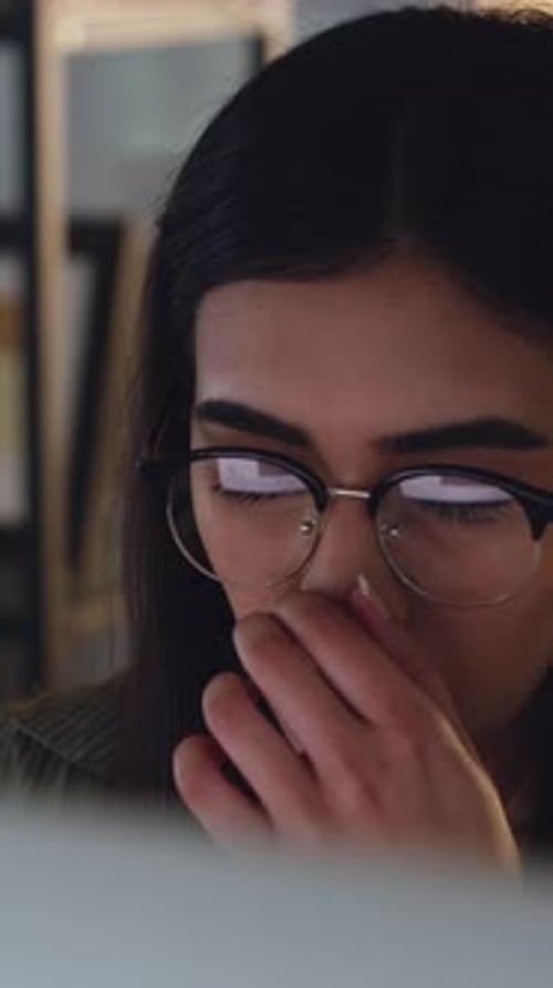 Eye strain, glasses or woman in office with computer, tired or headache in task management