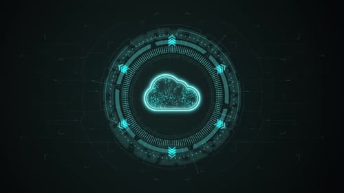 logo de computação em nuvem digital azul e interface de tecnologia do sistema de armazenamento de dados