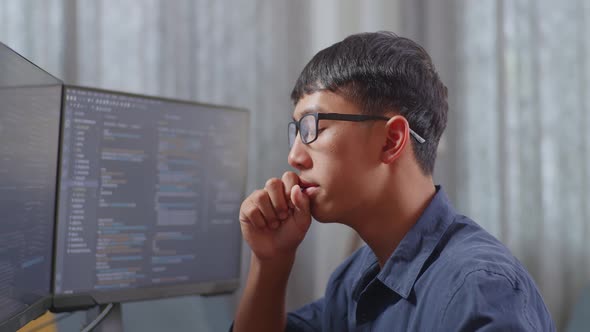 Asian Boy Programmer Yawning While Creating Innovative Software ...