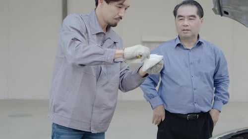 Young asian mechanic man check inside the engine of the broken car. parked on the side of the road
