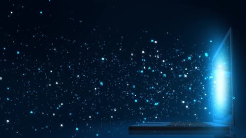 Laptop Screen Emitting Glowing Digital Data Particles Glowing Blue Letters Data for Technology Big