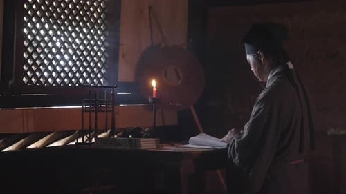 Ancient Chinese Scholar Studying by Candlelight at Night,Traditional Chinese Calligraphy and Study