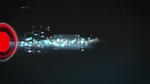 Futuristic red control interface with a glowing button initiates a high-speed digital data stream fi