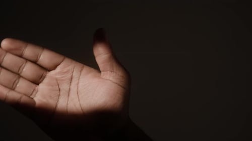 Close-up of Male Hand with Clear Lines on Palm Reaching for Light