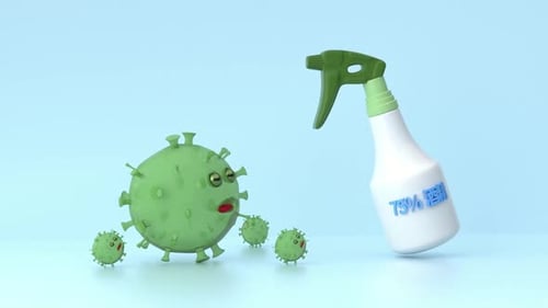3D Cartoon Disinfectant Spray Eliminates Viruses Animation