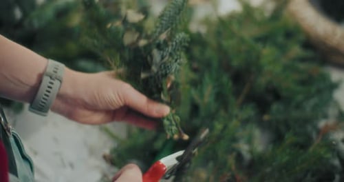 Woman Preparing Christmas Wreath Garland For Christmas Holidays