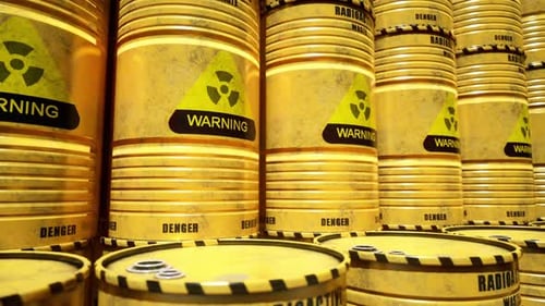 Dump Of Yellow And Black Barrels With Nuclear Radioactive Waste