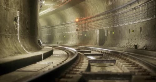 Inside a Transportation Tunnel Featuring Curved Tracks and Dim Light