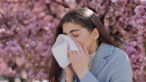 Young Adult Woman Sneezing with Spring Allergies