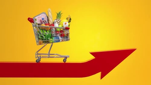 Food Prices Growth and Inflation Shopping Cart Full of Grocery Products on an Rising Graph