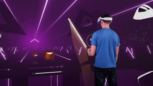 Person in Virtual Reality Headset Plays an Action VR Game in Augmented Reality