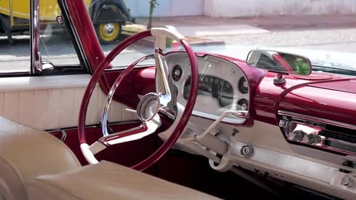 Classic Car Interior with Steering Wheel and Dashboard