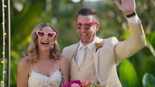Married Couple Smiling, Waving, and Wearing Heart Sunglasses
