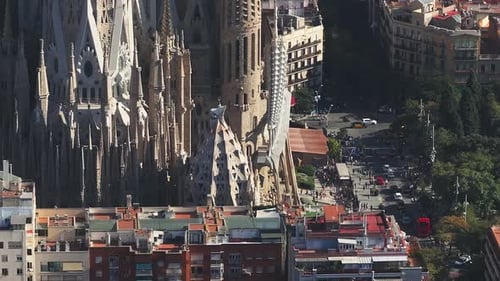 Aerial View of Barcelona City Skyline and Sagrada Familia Cathedral at Sunset