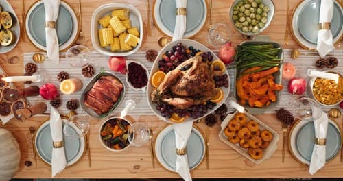 Overhead View of Thanksgiving Feast Table