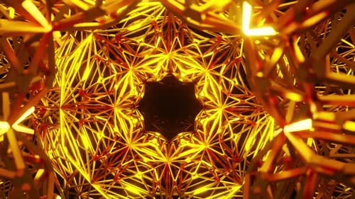 Abstract Tunnel of Glowing Golden Geometric Stars Loop