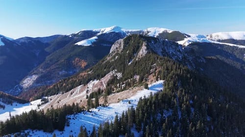 Aerial view of snow-capped mountains and lush green forests on a clear winter day