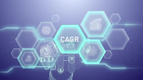 Futuristic Robotic Hand Interacts with Digital Business Hexagons