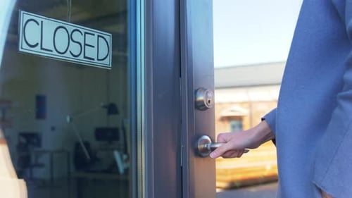 Small Business, Pandemic and Service Concept - Woman Trying to Open Closed
