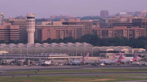 Aerial sunrise view of ronald reagan Washington national airport in Washington dc