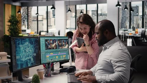 Creative Team Editing Film Footage with Artificial Intelligence Software